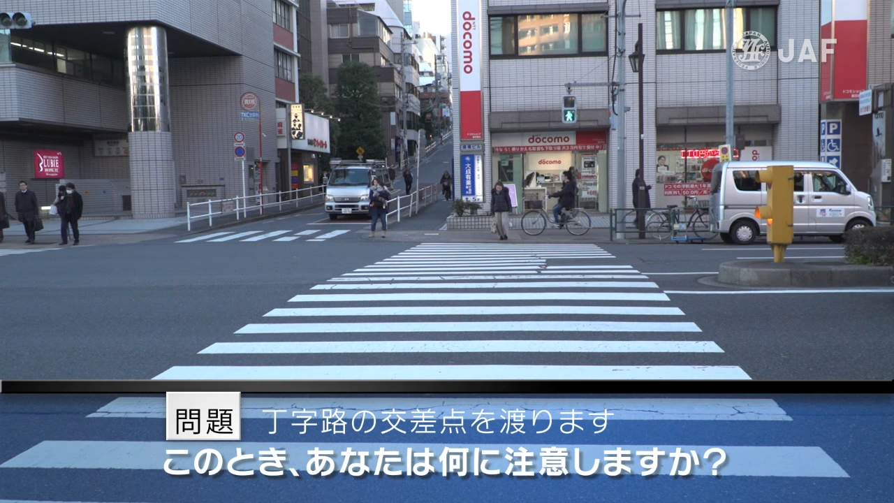 実写版危険予知「SCENE35　交差点編 その3 ～丁字路の交差点を歩いてわたるため、信号が青に変わるのを待っています。信号が青に変わったので、わたろうと思います。～」