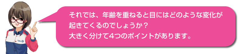 キャラクターセリフ「それでは、年齢を重ねると目にはどのような変化が起きてくるのでしょうか？大きく分けて4つのポイントがあります。」