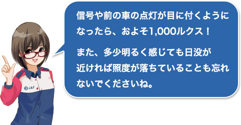 信号や前の車の点灯が目に付くようになったら、およそ1,000ルクス！また、多少明るく感じても日没が近ければ照度が落ちていることも忘れないでくださいね。