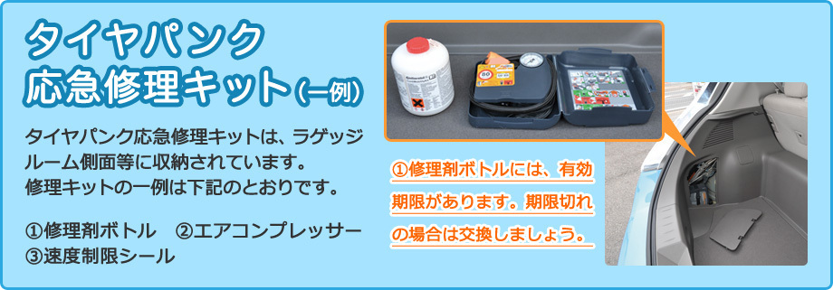 タイヤパンク応急修理キット（一例）タイヤパンク応急修理キットは、ラゲッジルーム側面等に収納されています。修理キットの一例は下記のとおりです。①修理剤ボトル　②エアコンプレッサー③速度制限シール