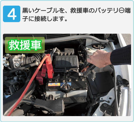 黒いケーブルを、救援車のバッテリー端子に接続します。