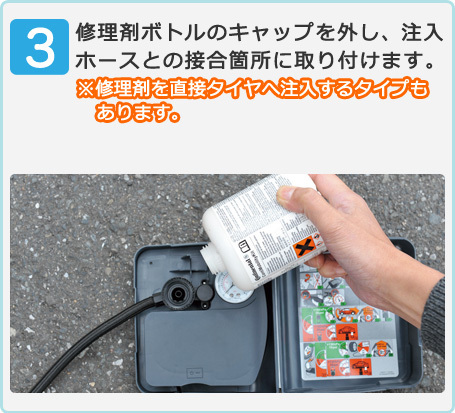 (3)修理剤ボトルのキャップを外し、注入ホースとの接合箇所に取り付けます。※修理剤を直接タイヤへ注入するタイプもあります。