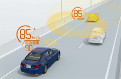 ドライバーのアクセル操作によって加速させることも可能です。ブレーキ操作を行うと追従走行は解除されます。