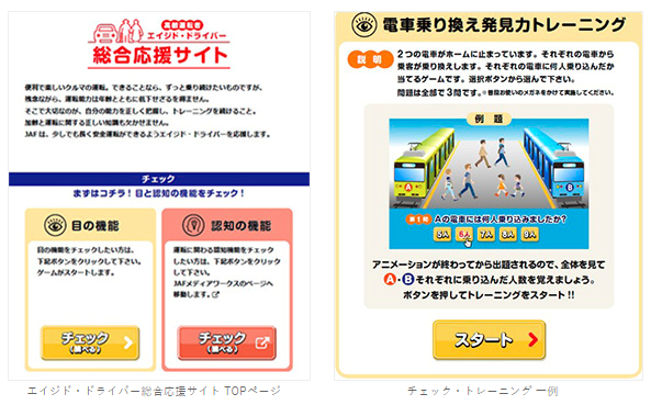 エイジド・ドライバー総合応援サイト TOPページ(左)/チェック・トレーニング 一例(右)