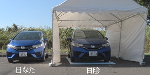 走行道路と歩行者イメージ(左)、40km/hで走行時の「水はね」(右)
