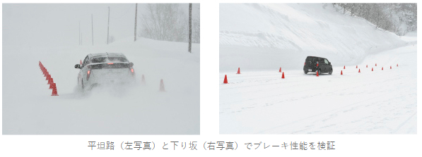 雪道走行（イメージ）（左）/登坂テスト（勾配9%と20%）の結果（右）