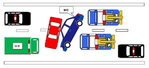 土砂に押し出される形で走行中の自動車も被害を受けた。もう1台がその車両に衝突、横転した状態で道路を塞いでいる