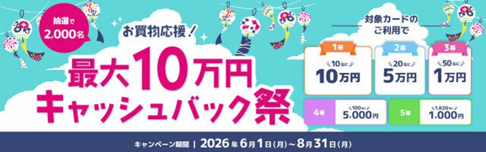 お買い物応援！対象カードのご利用で最大10万円キャッシュバック祭
