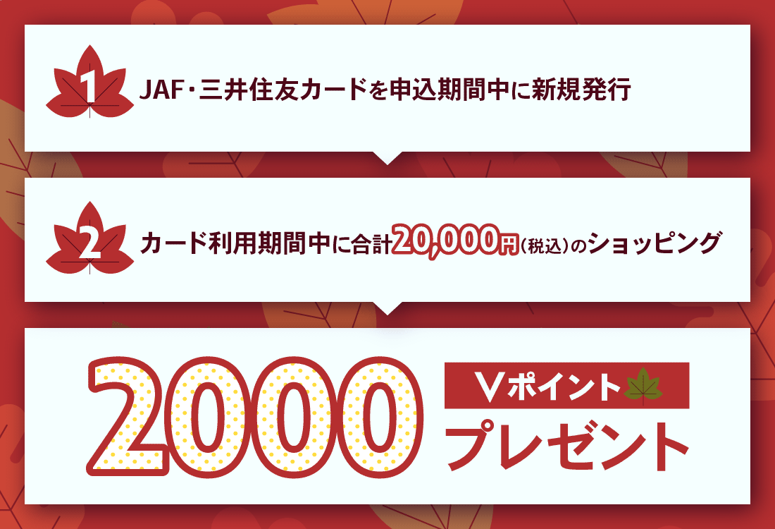 step1:JAF・三井住友カード申込対象期間に新規発行 step2:カード利用期間中にショッピング利用合計20,000円(税込)以上利用 step3:Vポイント 2000ポイントプレゼント