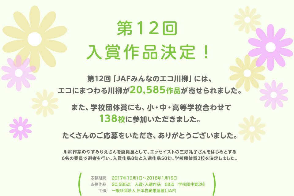 第12回 入賞作品決定！第12回「JAFみんなのエコ川柳」には、エコにまつわる川柳が20,585作品が寄せられました。また、学校団体賞にも、小・中・高等学校合わせて138校に参加いただきました。たくさんのご応募をいただき、ありがとうございました。川柳作家のやすみりえさんを委員長として、エッセイストの三好礼子さんをはじめとする6名の委員で選考を行い、入賞作品8句と入選作品50句、学校団体賞3校を決定しました。／応募期間：2017年10月1日～2018年1月15日／応募作品：20,585点　入賞・入選作品　58点　学校団体賞3校／主催：一般社団法人日本自動車連盟（JAF）