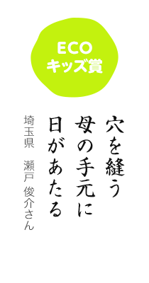 ECOキッズ賞／穴を縫う 母の手元に 日があたる／埼玉県 瀬戸 俊介さん