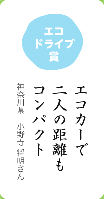 エコドライブ賞／エコカーで 二人の距離も コンパクト／神奈川県　小野寺 将明さん