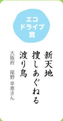 エコドライブ賞／新天地 捜しあぐねる 渡り鳥／大阪府 尾野 幸恵さん