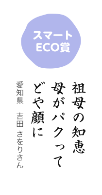 スマートECO賞／祖母の知恵 母がパクって どや顔に／愛知県 吉田 さをりさん