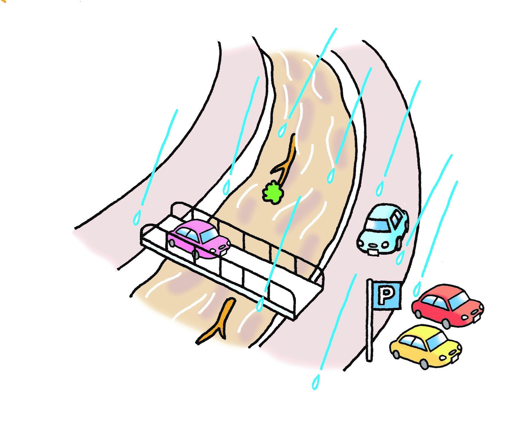 川沿いの道路などを走行しているときは、川の急な増水にも注意